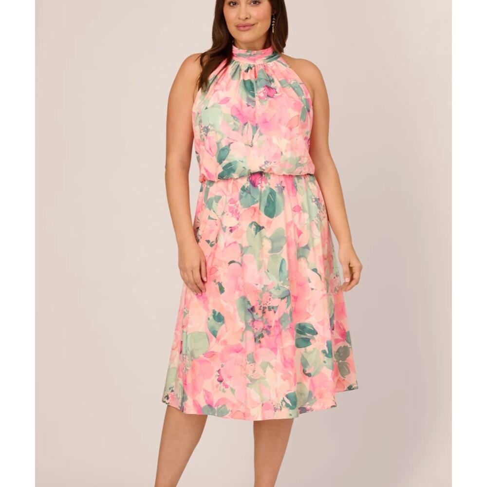 Adrianna Papell Floral Print Chiffon Halter Mock Neck Dress Blush Multi, Plus 16